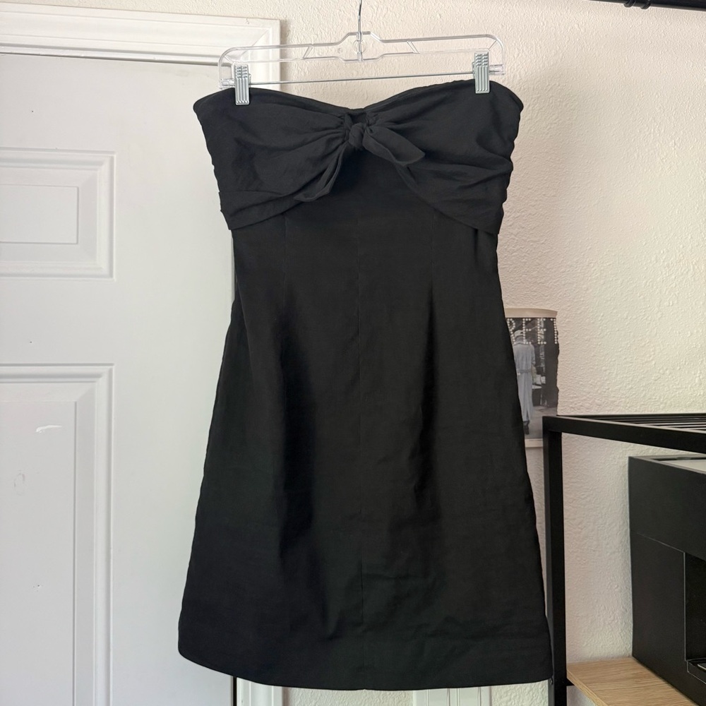 TOVE black linen cotton blend‎ strapless bow tie front detail mini dress